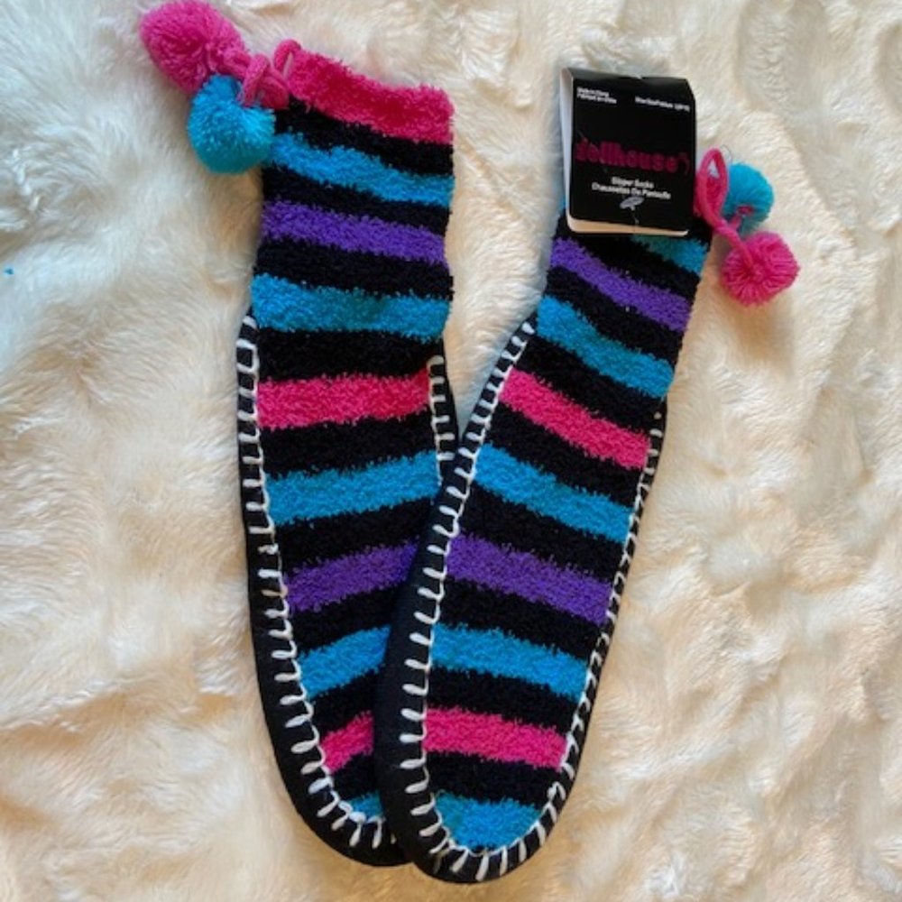 $10 ADD ON Dollhouse Striped Slipper Socks Ladies Size L 9/10 NWT Pink Blue Pom